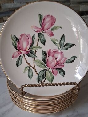 VTG Homer Laughlin Rhythm Pink Magnolia 8 Bread & Butter Plates Gold Trim